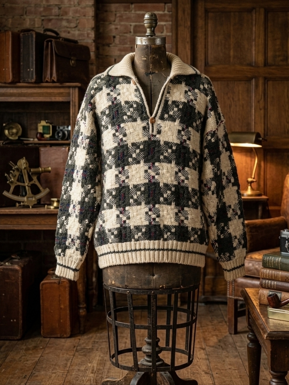 Vintage Handmade Men’s Wool Knit Sweater • Chunky Knit • Wood Buttons • Rustic